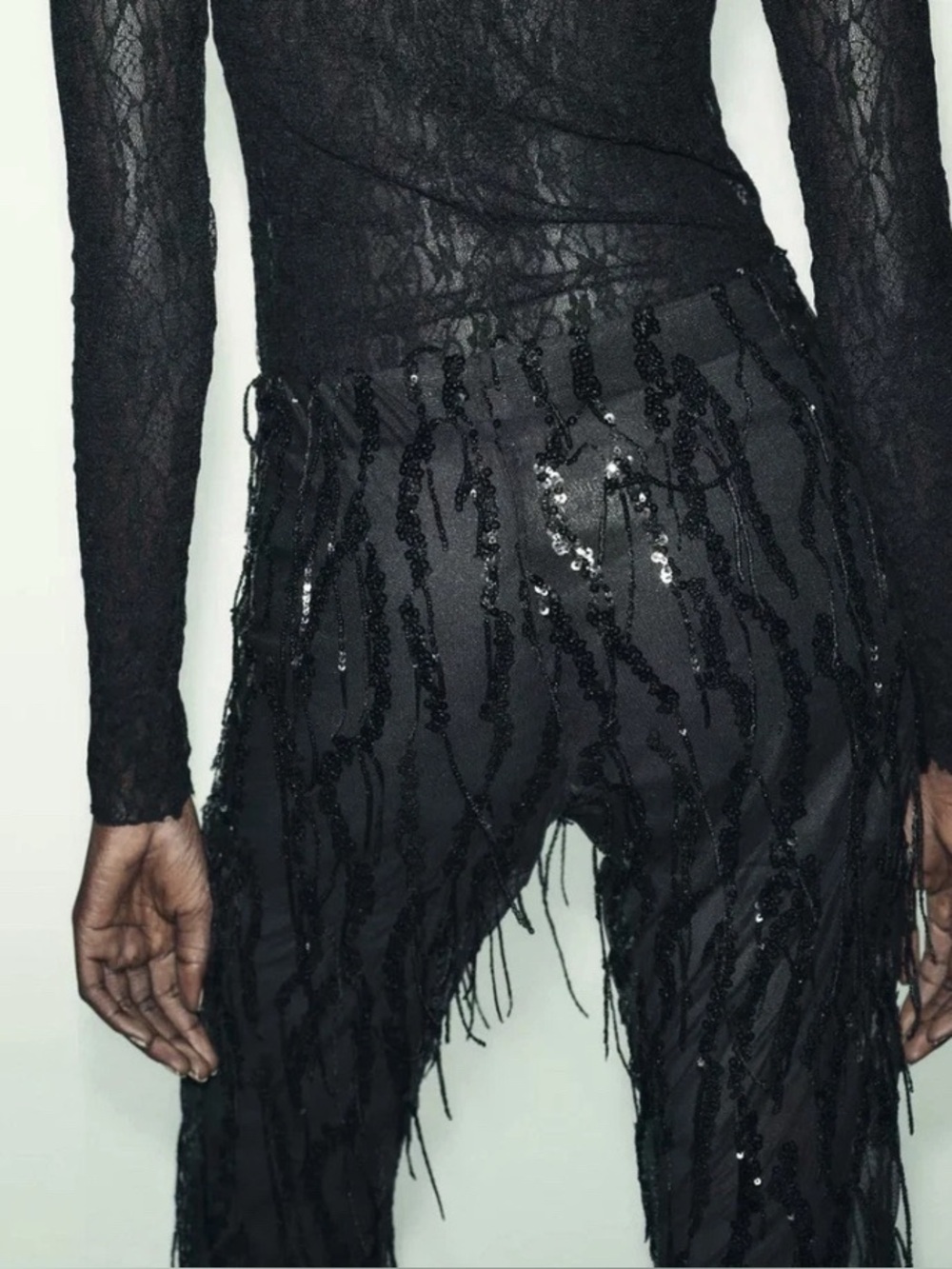 Zara Black Sequins Fringing flare Pants size S